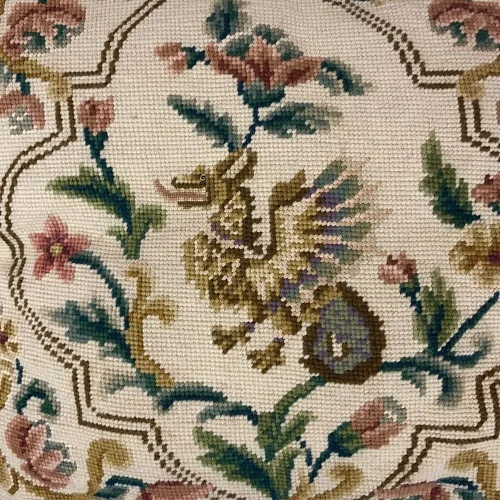 Vintage Needlepoint Griffin Floral Throw Pillow 16 x 18